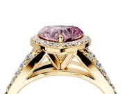 Halo Engagement Ring Setting for Fancy Pink Heart-Shaped Center with Narrow Pave Split Shank and Prong Head in Yellow Gold