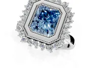 Halo Engagement Ring Setting for Fancy Blue Radiant Cut Center with Milgrain Bezel Rim, Plain Band and Prong Head in Platinum