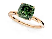Low-Set Solitaire Engagement Ring Setting for Fancy Green Cushion Cut Center with Thin Plain Band and Prong Head in Rose Gold