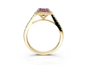 Halo Engagement Ring Setting for Fancy Pink Asscher Cut Center with Narrowing Pave Band and Prong Head in Yellow Gold
