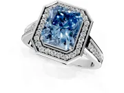 Halo Engagement Ring Setting for Fancy Blue Emerald Cut Center with Outer Bezel Rim, Pave Band and Prong Head in Platinum
