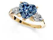 3 Stone Engagement Ring Setting for Fancy Blue Heart-Shaped Center with Large Pear-Shaped Accents and Prong Head in Yellow Gold