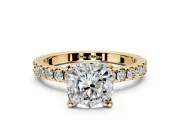 Solitaire Engagement Ring Setting for Cushion Cut Center with Fine Pave Band and Claw Prong Head in Yellow Gold