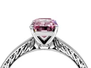Solitaire Engagement Ring Setting for Fancy Pink Emerald Cut Center with Engraved Milgrain Band and Prong Head in Sterling Silver