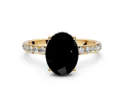 Hidden Halo Engagement Ring Setting for Fancy Black Oval Center with Pave Band and Prong Head in Yellow Gold