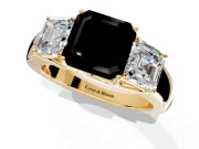 3 Stone Engagement Ring Setting for Fancy Black Asscher Cut Center with Raised Basket Heads and Prong Head in Yellow Gold
