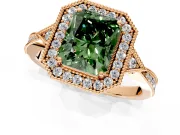 Halo Engagement Ring Setting for Fancy Green Radiant Cut Center with Milgrain Rim, Pave Band and Prong Head in Rose Gold