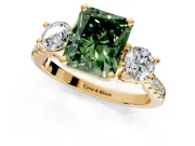 3 Stone Engagement Ring Setting for Fancy Green Radiant Cut Center with Crossover Basket, Pave Band and Prong Head in Yellow Gold