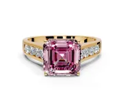 Solitaire Engagement Ring Setting for Fancy Pink Asscher Cut Center with Round Cut Channel Band and Prong Head in Yellow Gold