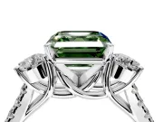 3 Stone Engagement Ring Setting for Fancy Green Asscher Cut Center with Crossover Basket, Pave Band and Prong Head in Platinum