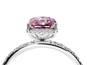 Hidden Halo Engagement Ring Setting for Fancy Pink Radiant Cut Center with Pave Band and Prong Head in White Gold