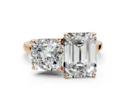 Cushion Cut and Emerald Cut Lab-Grown Diamond Toi et Moi Engagement Ring with Prong-Set Stones in Rose Gold