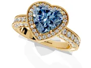 Milgrain Halo Engagement Ring Setting for Fancy Blue Heart-Shaped Center with Wide Pave Band and Prong Head in Yellow Gold