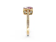 Cathedral Engagement Ring Setting for Fancy Pink Oval Center with Antique-Style Pave Band and Prong Head in Yellow Gold