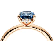 Hidden Halo Engagement Ring Setting for Fancy Blue Emerald Cut Center with Thin Rounded Band and Prong Head in Rose Gold