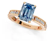 Solitaire Engagement Ring Setting for Fancy Blue Emerald Cut Center with Milgrain-Edged Pave Band and Prong Head in Rose Gold