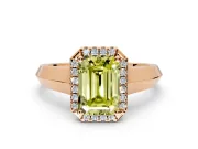 Halo Engagement Ring Setting for Fancy Yellow Emerald Cut Center with Knife Ridge Cathedral Band and Prong Head in Rose Gold