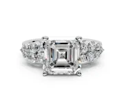Cluster Engagement Ring Setting for Asscher Cut Center with 2-Row Shoulder Clusters and Prong Head in Sterling Silver