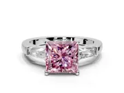 3 Stone Engagement Ring Setting for Fancy Pink Princess Cut Center with Tapered Baguettes, Plain Band and Prong Head in White Gold