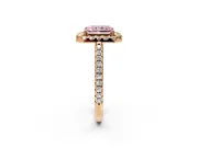 Pave Halo Engagement Ring Setting for Fancy Pink Radiant Cut Center with Single Row Pave Band and Prong Head in Rose Gold