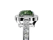 Bezel-Framed Halo Engagement Ring Setting for Fancy Green Cushion Cut Center with Pave Band and Prong Head in White Gold
