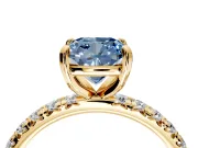 Solitaire Engagement Ring Setting for Fancy Blue Cushion Cut Center with Shared-Prong Accents and Prong Head in Yellow Gold