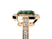 Bezel-Framed Halo Engagement Ring Setting for Fancy Green Emerald Cut Center with Pave Band and Prong Head in Rose Gold