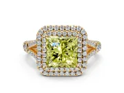 Double Halo Engagement Ring Setting for Fancy Yellow Princess Cut Center with Narrow Pave Split Shank and Prong Head in Yellow Gold