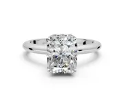 Hidden Halo Engagement Ring Setting for Radiant Cut Center with Plain Rounded Band and Prong Head in Platinum