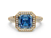 Milgrain Halo Engagement Ring Setting for Fancy Blue Asscher Cut Center with Three-Sided Pave Band and Prong Head in Yellow Gold