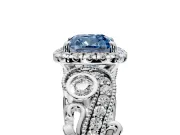 Milgrain Halo Engagement Ring Setting for Fancy Blue Cushion Cut Center with Shoulder Bezels and Prong Head in White Gold
