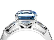 3 Stone Engagement Ring Setting for Fancy Blue Asscher Cut Center with Tapered Baguettes, Plain Band and Prong Head in Platinum
