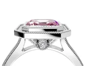 Halo Engagement Ring Setting for Fancy Pink Asscher Cut Center with Milgrain Pave Band and Bezel Head in White Gold