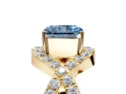 Halo Engagement Ring Setting for Fancy Blue Radiant Cut Center with Pave Infinity Twist Band and Prong Head in Yellow Gold