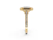 Halo Engagement Ring Setting for Asscher Cut Center with Milgrain Frame, Pave Band and Prong Head in Yellow Gold