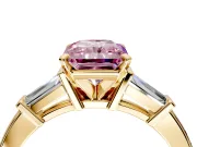 3 Stone Engagement Ring Setting for Fancy Pink Radiant Cut Center with Channel Baguette Accents and Prong Head in Yellow Gold