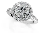 Pave Halo Engagement Ring Setting for Round Cut Center with Single Row Pave Band and Prong Head in White Gold