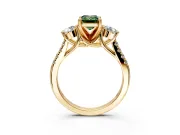 3 Stone Engagement Ring Setting for Fancy Green Emerald Cut Center with Crossover Basket, Pave Band and Prong Head in Yellow Gold
