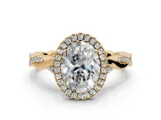 Halo Engagement Ring Setting for Oval Center with Twist Band and Prong Head in Yellow Gold