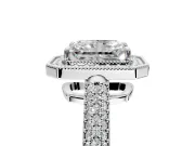 Milgrain Halo Engagement Ring Setting for Radiant Cut Center with Three-Sided Pave Band and Prong Head in White Gold