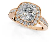 Bezel-Framed Halo Engagement Ring Setting for Cushion Cut Center with Pave Band and Prong Head in Rose Gold