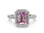 Halo Engagement Ring Setting for Fancy Pink Emerald Cut Center with Inner Milgrain Border and Prong Head in Sterling Silver