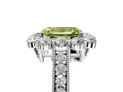 Halo Engagement Ring Setting for Fancy Yellow Emerald Cut Center with Milgrain Channel Band and Prong Head in Platinum