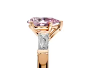 3 Stone Engagement Ring Setting for Fancy Pink Pear-Shaped Center with Tapered Baguettes, Plain Band and Prong Head in Rose Gold