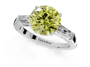 3 Stone Engagement Ring Setting for Fancy Yellow Round Cut Center with Tapered Baguettes, Plain Band and Prong Head in White Gold