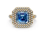 Double Halo Engagement Ring Setting for Fancy Blue Asscher Cut Center with Narrow Pave Split Shank and Prong Head in Yellow Gold