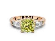 3 Stone Engagement Ring Setting for Fancy Yellow Cushion Cut Center with Tapered Baguettes, Plain Band and Prong Head in Rose Gold