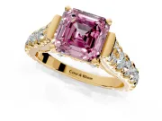 Solitaire Engagement Ring Setting for Fancy Pink Asscher Cut Center with Pave Cathedral Shoulders and Prong Head in Yellow Gold