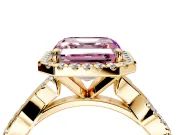 Halo Engagement Ring Setting for Fancy Pink Asscher Cut Center with Pave and Plain Twist Band and Prong Head in Yellow Gold
