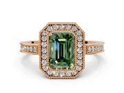 Halo Engagement Ring Setting for Fancy Green Emerald Cut Center with Milgrain Halo, Pave Band and Prong Head in Rose Gold